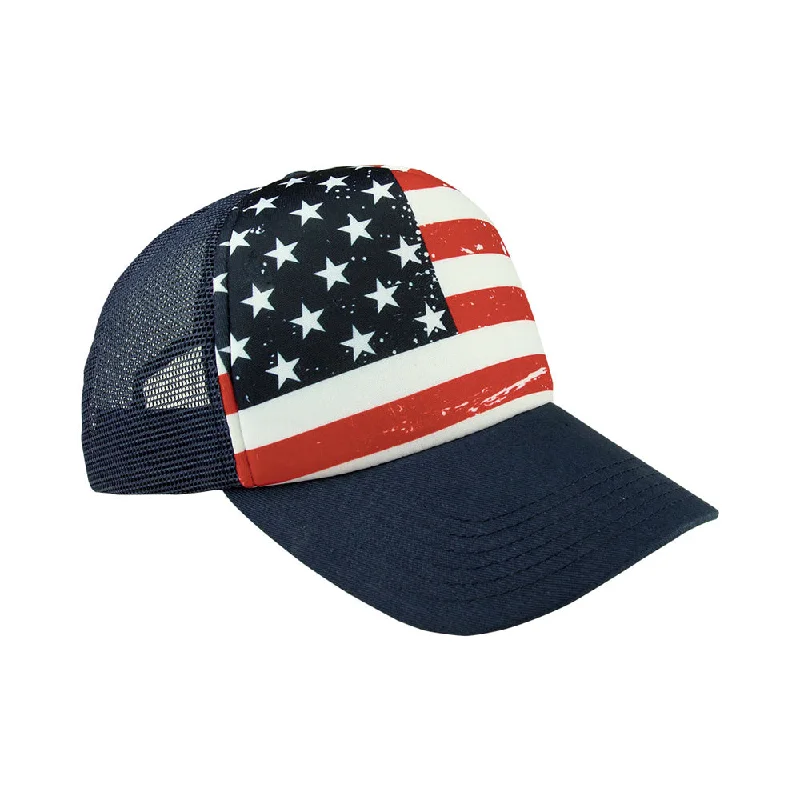 Trucker mesh cap for ventilated cool wear -USA ALL THE WAY Foam Mesh-Back Retro Trucker Hat [BLACK] 4TH OF JULY DROP