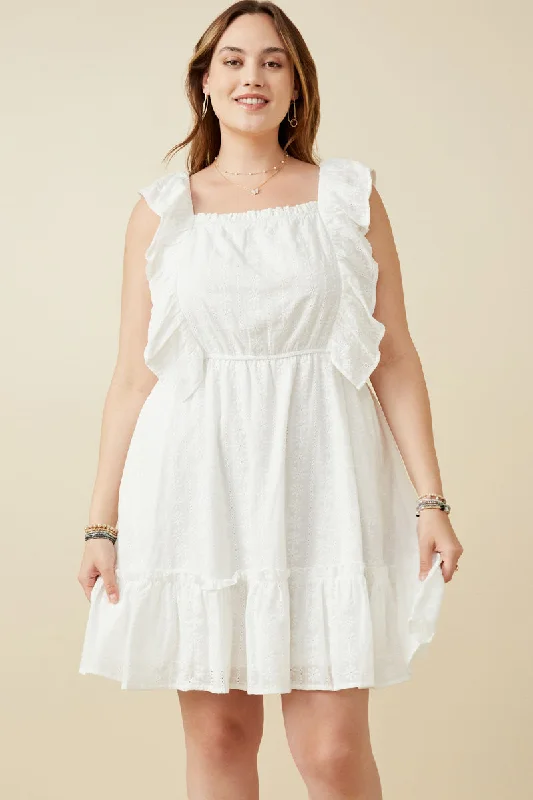 Plus size dresses for special occasions dazzle effortlessly -Embroidered Square Neck Ruffled Smock Back Tank Dress