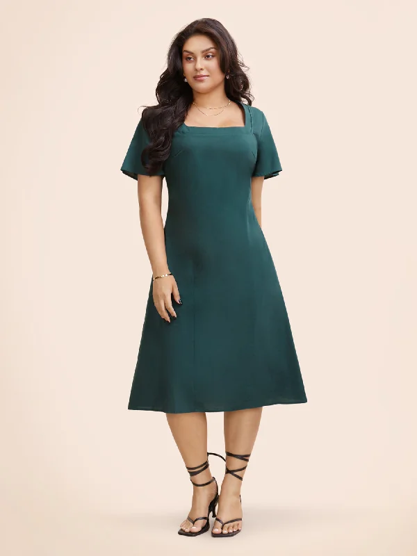 Plus size dresses for long days support fully -Square Neck Ruffle Sleeve Shirred Dress