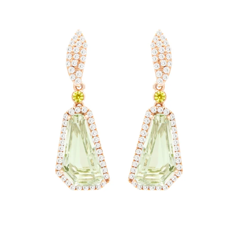 Square Drop Earrings for Modern -Statement drop earrings for a bold look -Bellari 14k Rose Gold Diamond and Prasiolite Drop Earrings