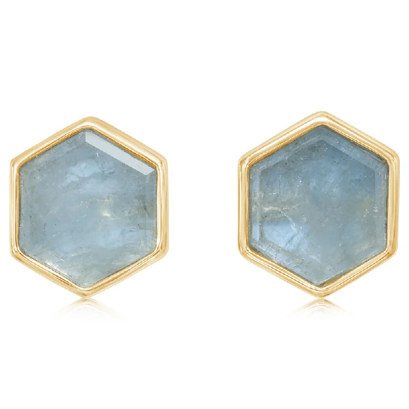 Adjustable Drop Earrings for Custom Fit -Unique drop earrings with abstract designs -14K Yellow Gold Hexagon Slice Aquamarine Earrings