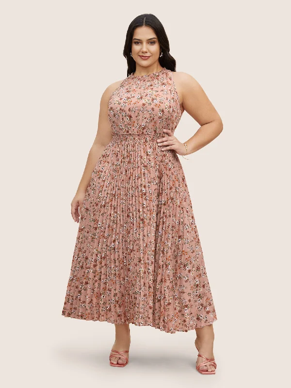 Plus size dresses featuring sequined tops glitter bright -Ditsy Floral Pleated Frill Trim Sleeveless Dress