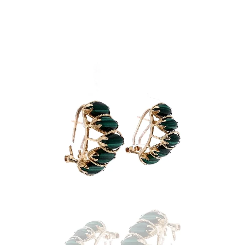 Drop Earrings for Festival Style -Drop earrings with butterfly details for a whimsical style -Estate 18k Yellow Gold Marquise Malachite Pierced/Clip-On Earrings