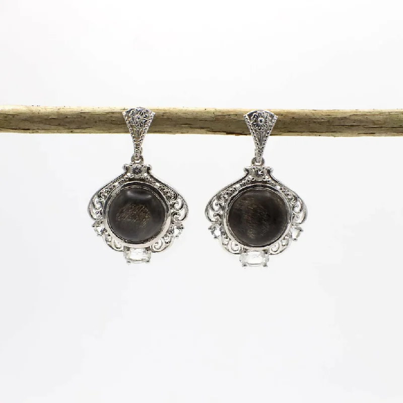 Drop Earrings with Polished Shine -Affordable drop earrings for everyday elegance -Vintage Simulated Black Feldspar and Genuine White Topaz Sterling Silver Earrings