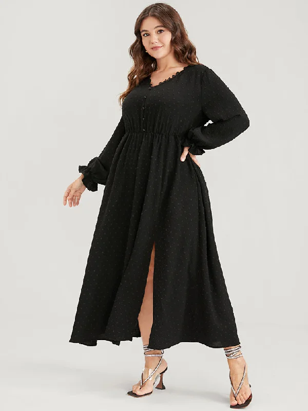 Plus size dresses with shiny threads reflect light -Solid Pocket Button Lantern Sleeve Lace Trim Split Maxi Dress