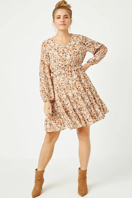 Plus size dresses with ruched details hide flaws -Floral Print V Neck Smock Waist Tiered Mini Dress