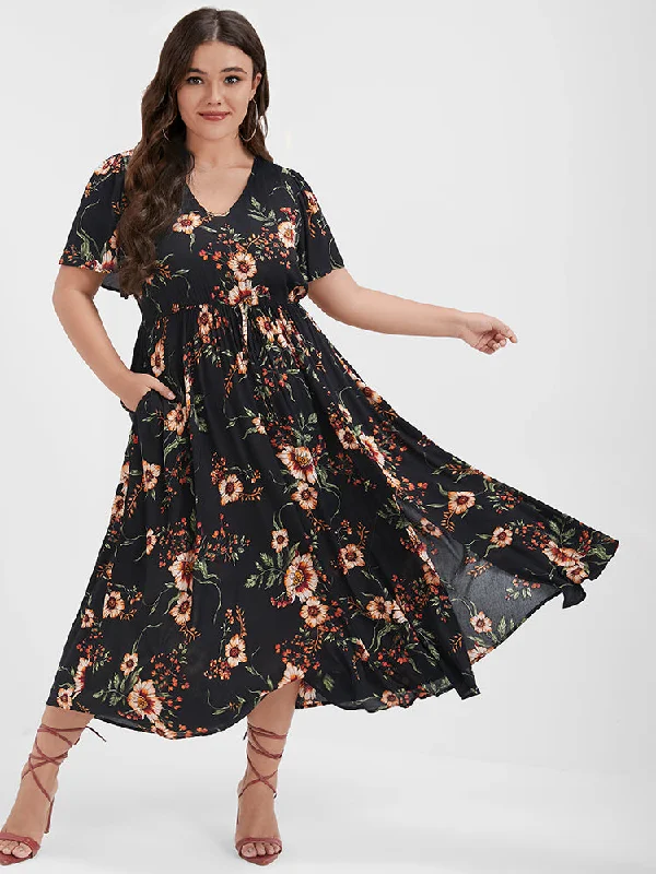 Plus size dresses for bold outfits match well -Floral Split Elastic Waist Pocket Ruffled Maxi Dress