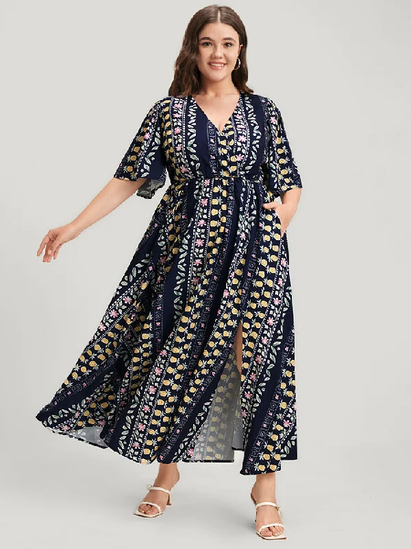 Plus size dresses with sturdy seams last long -Floral Striped Ruffles Split Pocket Wrap Maxi Dress