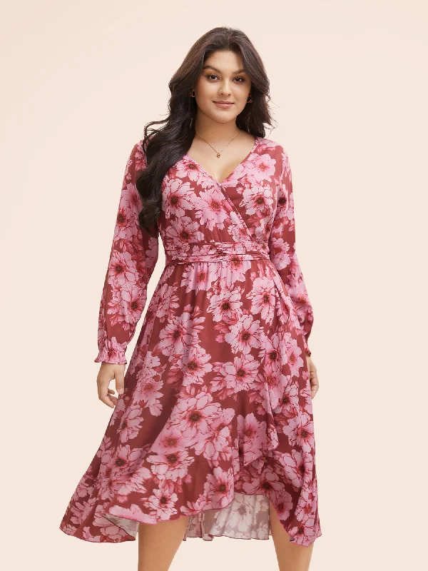 Plus size dresses with long sleeves cover comfortably -Floral Overlap Collar Ruffle Trim Dress