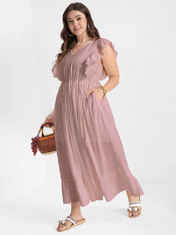 Plus size dresses featuring velvet textures feel plush -Solid V Neck Ruffles Split Pocket Maxi Dress