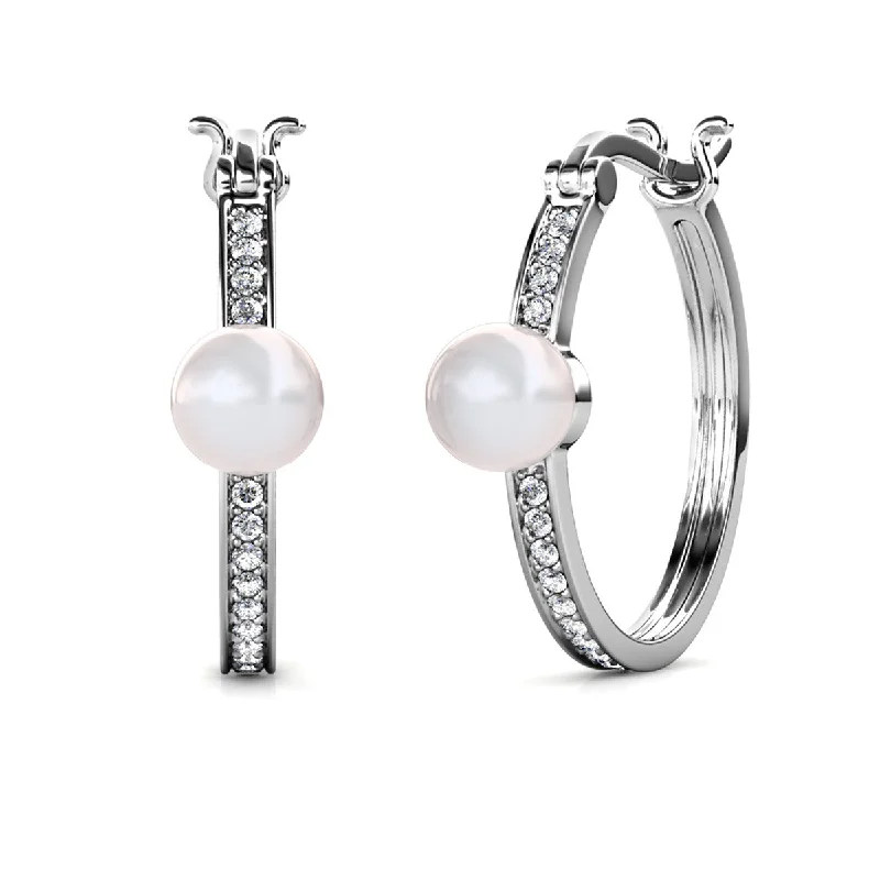 Drop Earrings with Debossed Designs -Drop earrings with zirconia stones for subtle sparkle -Nyla 18k White Gold Plated Pearl Hoop Earrings with Swarovski Crystals for Women