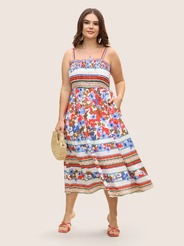 Plus size dresses with lightweight knits feel breezy -Floral Print Shirred Cami Midi Dress