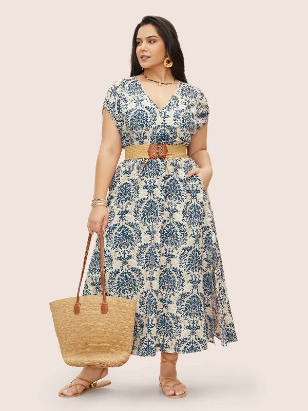 Plus size dresses for rainy days stay practical -Moroccan Print Shirred Slit Hem Dress