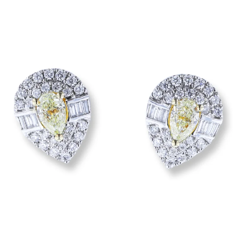 Vintage Drop Earrings with Patina -Long dangling drop earrings for a dramatic effect -14K WHITE GOLD 0.63CTW YELLOW DIAMOND & 0.50CTW WHITE DIAMOND HALO EARRINGS