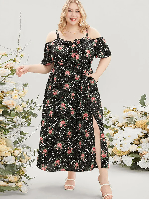 Plus size dresses with scoop necklines feel classic -Floral & Polka Dot Ruffle Trim Pocket Cold Shoulder Split Dress