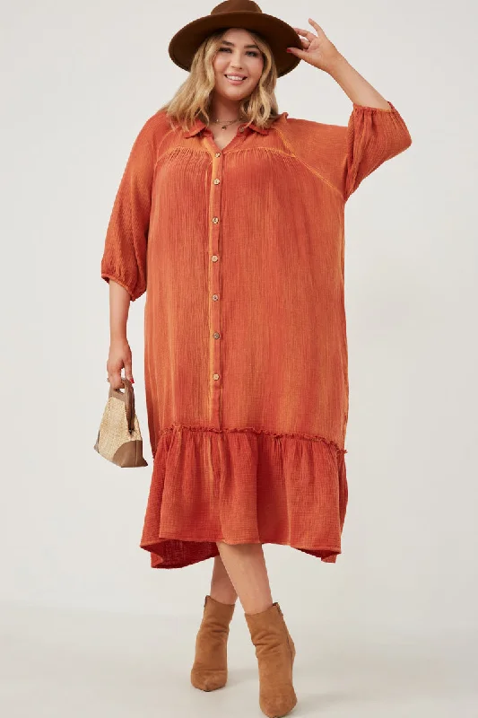 Plus size dresses featuring lace details feel romantic -Collared Long Sleeve Vintage Overdye Dress