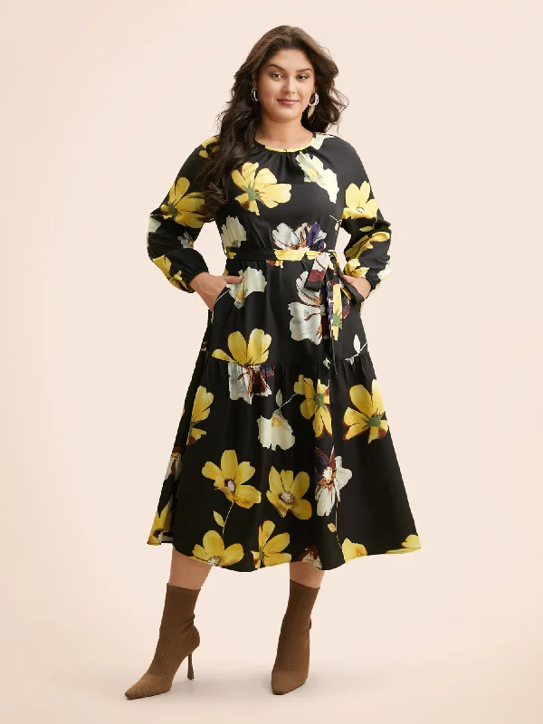 Plus size dresses featuring mesh overlays feel chic -Floral Round Neck Gathered Belted Dress