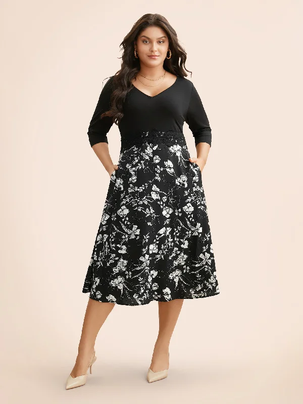 Plus size dresses with asymmetrical hems look modern -Floral Patchwork Lace Trim Midi Dress