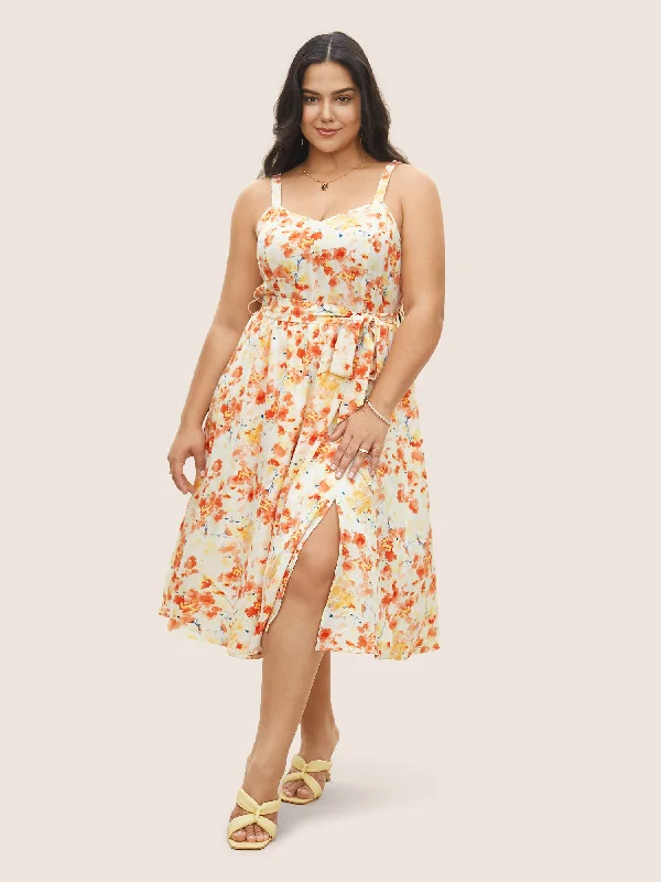 Plus size dresses for parties shine with confidence -Ditsy Floral Elastic Waist Belted Adjustable Straps Dress