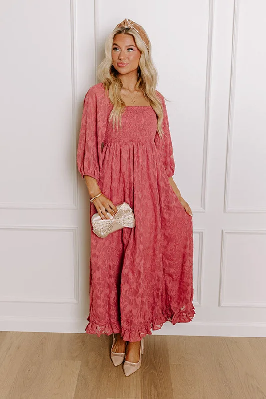 Plus size dresses with A-line cuts flatter curves -Sweetest Secret Jacquard Maxi Dress in Rustic Rose