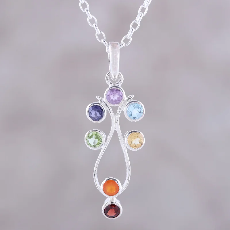 Beautiful necklaces and pendants with diamond halo settings for extra brilliance-Wellspring of Energy Sterling Silver and Multi-Gemstone Chakra Pendant Necklace