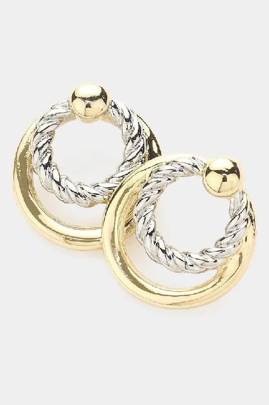 Drop Earrings with Wave Designs -Drop earrings with delicate chains for added movement -14K Gold Plated Two Tone Rope Circle Earrings