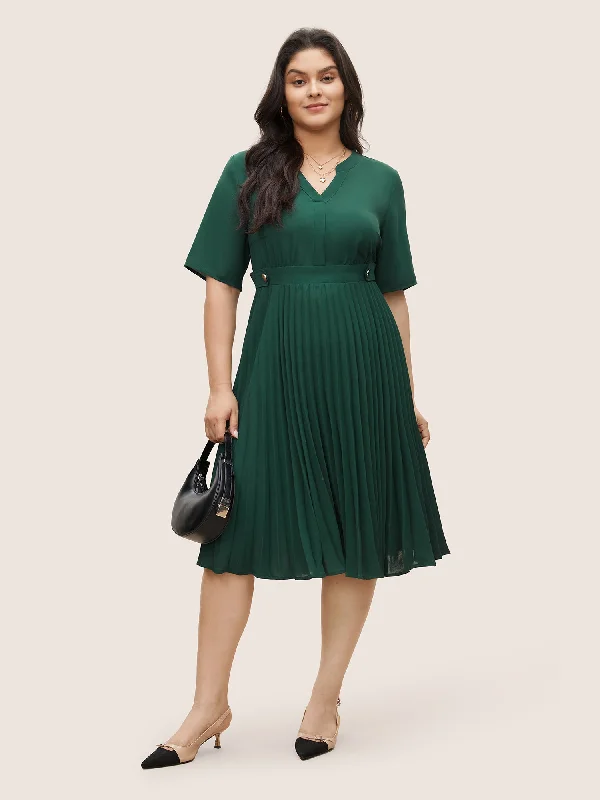 Plus size dresses with breathable layers stay airy -Solid Button Detail Notched Pleated Hem Dress