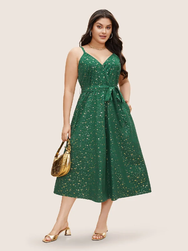 Affordable plus size dresses for casual days stay chic -Overlap Collar Glitter Star Belted Cami Dress