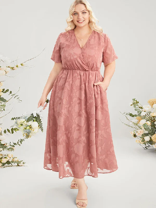 Plus size dresses with floral appliques feel sweet -Plain Surplice Neck Split Mesh Pocket Ruffles Dress