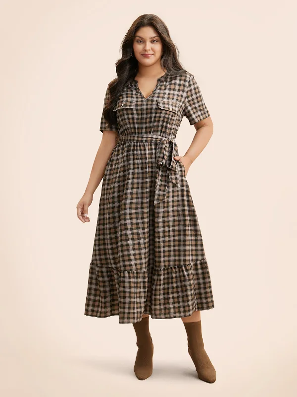 Plus size dresses with unique cuts stand apart -Plaid Ruffle Hem Flap Detail Belted Dress