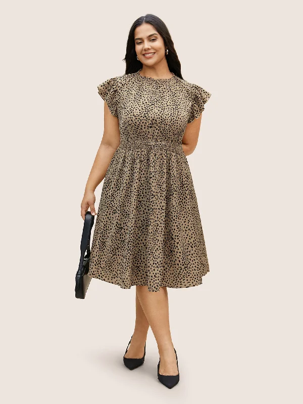 Plus size dresses with cap sleeves feel dainty -Leopard Print Frill Trim Cap Sleeve Dress