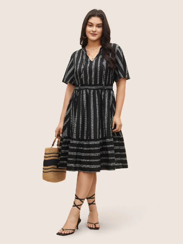 Plus size dresses with sleek finishes stay polished -Striped Patchwork Tassels Ties Shirred Dress