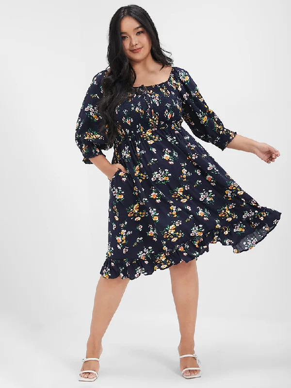 Plus size dresses with matte finishes stay subtle -Floral Square Neck Puff Sleeve Ties Pocket Knee Dress