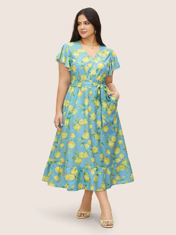 Plus size dresses for summer nights shimmer lightly -Citrus Lemon Print Ruffle Cap Sleeve Belted Dress