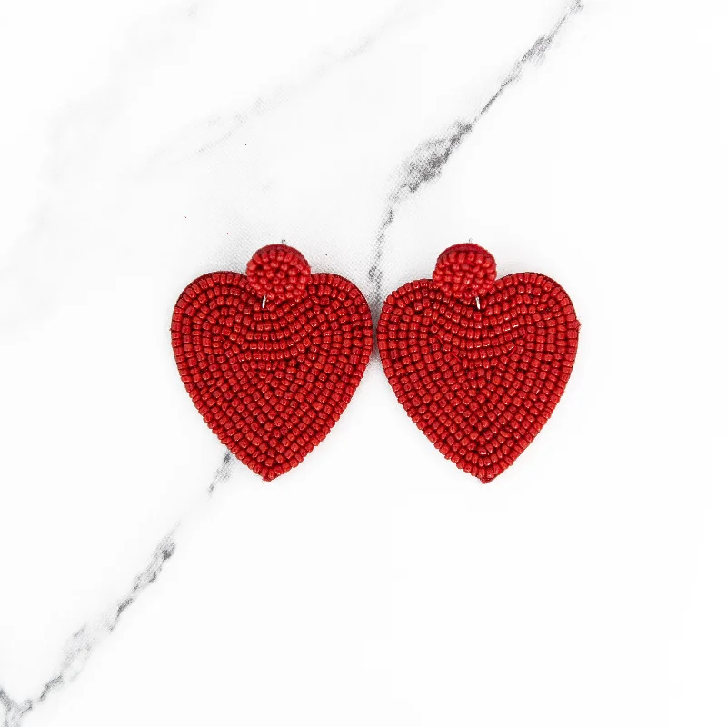 Drop Earrings with Infinity Symbols -Drop earrings with oxidized silver for a vintage effect -Large Red Beaded Heart Earrings