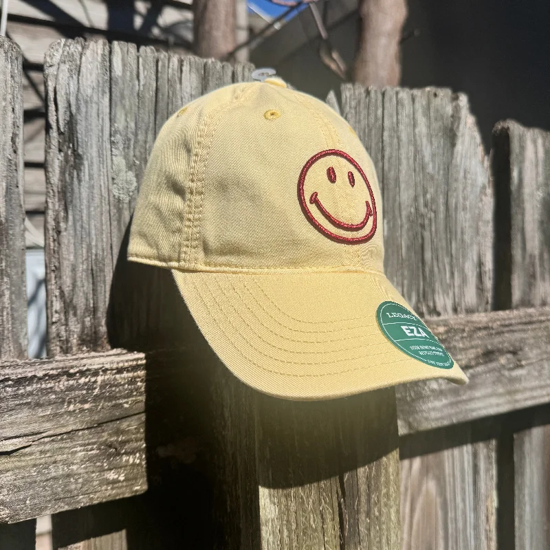 Wool trucker cap for warm stylish wear -Smiley Face EZA Hat with Crimson Embroidery