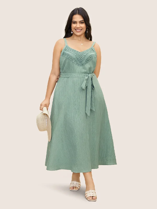 Plus size dresses with soft linings pamper skin -Texture Lace Trim Belted Cami Dress