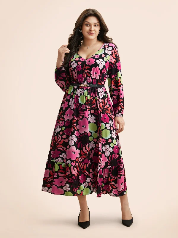 Plus size dresses featuring sequined tops glitter bright -Floral V Neck Lantern Sleeve Dress