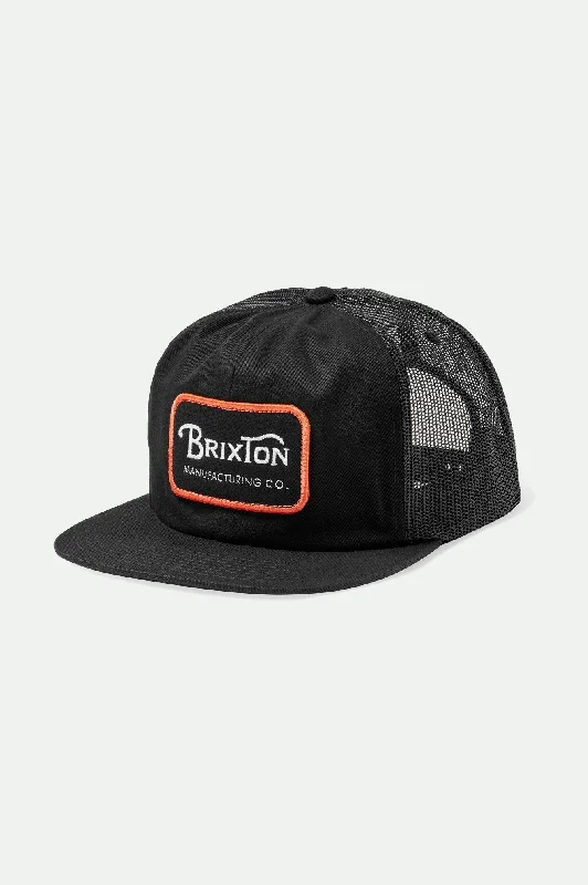 Minimalist cap with small stitched emblem -Grade Trucker Hat - Black/Orange/White