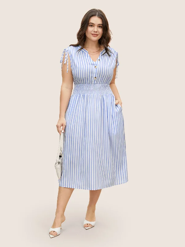 Plus size dresses with A-line cuts flatter curves -Striped Drawstring Shirred Dolman Sleeve Dress