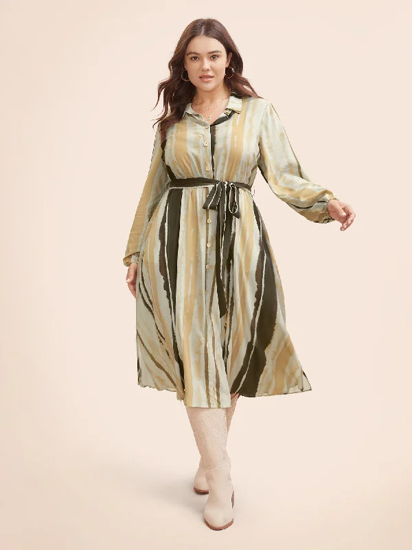 Plus size dresses with high necklines look refined -Shirt Collar Striped Pocket Belted Dress