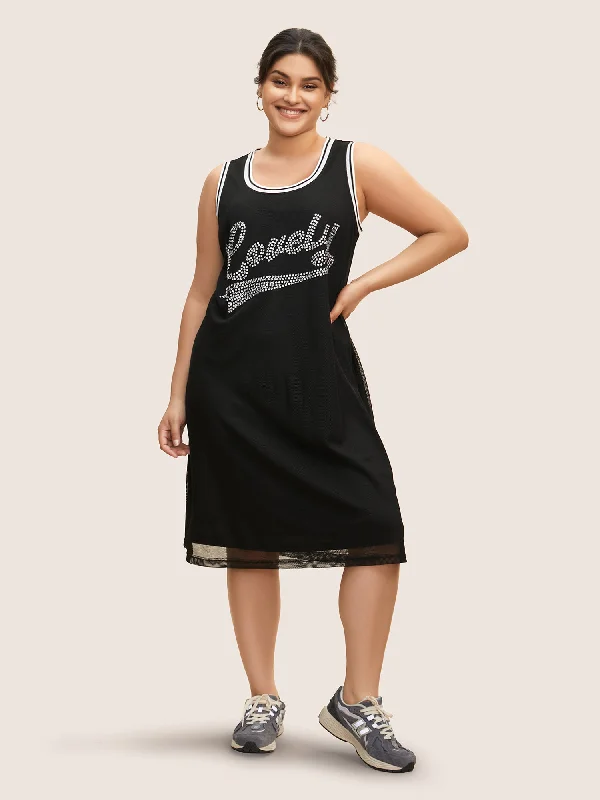 Plus size dresses for long days support fully -Letter Rhinestone Mesh Patchwork Sleeveless Dress