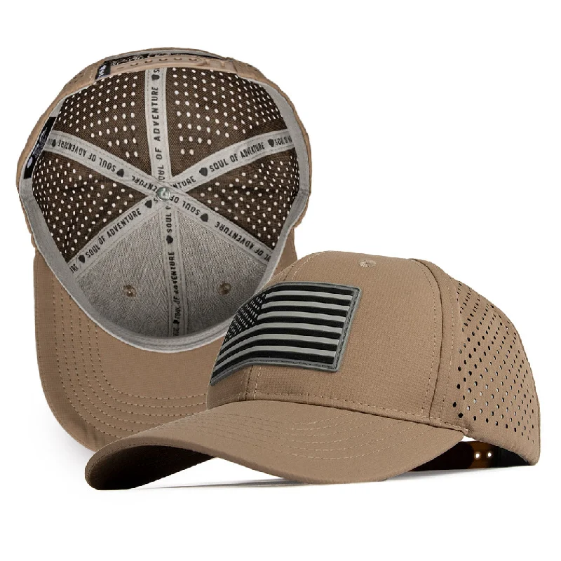 Lightweight cap for summer hiking trails -Performance Snapback | Blackout American Flag | Khaki