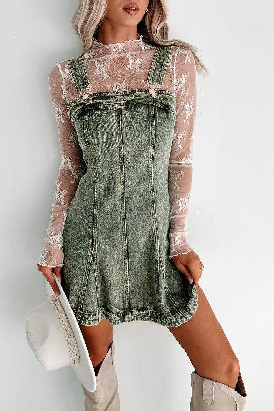 Plus size dresses featuring tie-dye patterns are quirky -My Mission In Life Washed Denim Overall Dress (Olive)