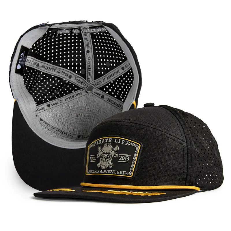 Graphic print cap for artistic expression -Performance Flat Bill Snapback | Black | Pirate's Life