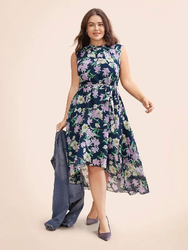 Plus size dresses featuring textured weaves add interest -Floral Mock Neck Asymmetrical Hem Dress