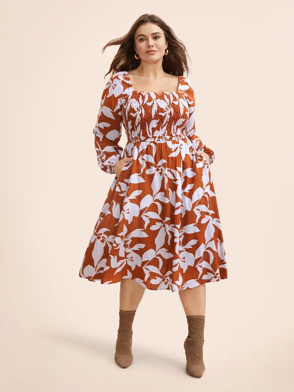 Plus size dresses with matte finishes stay subtle -Silhouette Floral Print Shirred Midi Dress