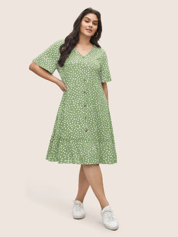 Plus size dresses for fuller busts fit perfectly -Polka Dot Button Detail Flutter Layered Hem Dress