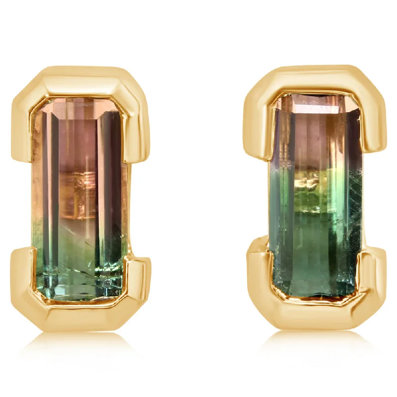 Square Drop Earrings for Modern -Statement drop earrings for a bold look -14K Yellow Gold Bi-Color Tourmaline Earrings