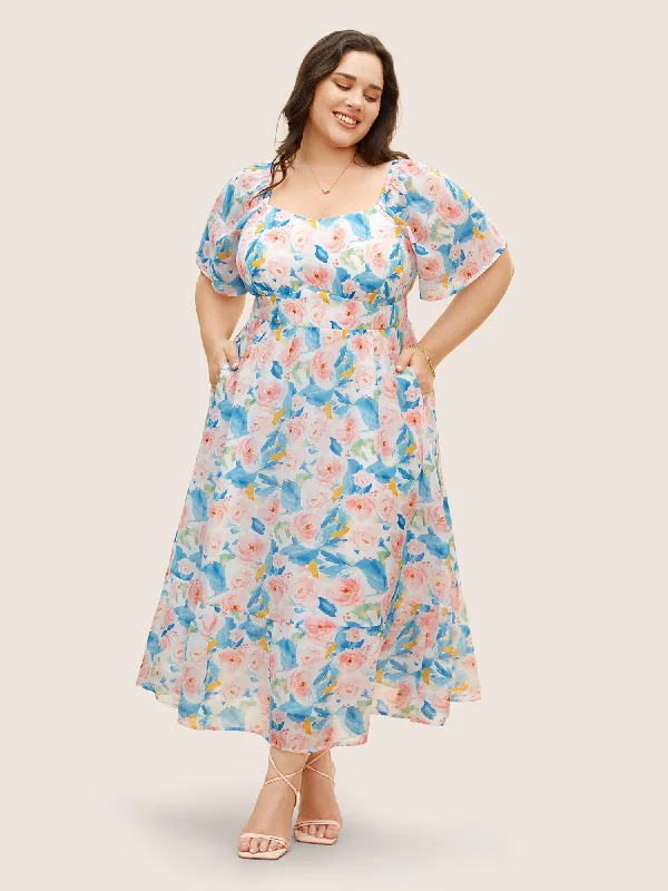 Plus size dresses with long sleeves cover comfortably -Watercolor Floral Shirred Puff Sleeve Midi Dress